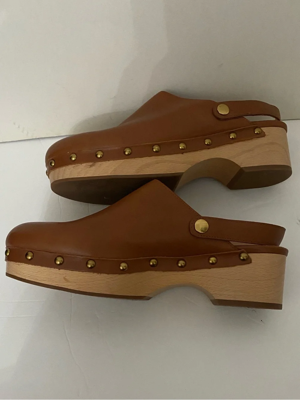 Women's Brown Leather Clog Mules with Studded Wood-Look Sole